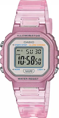 A pink digital Casio watch is shown against a white background.