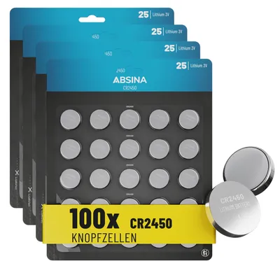 Produktbild von ABSINA CR2450 Knopfzelle 100er Pack - CR 2450 3V Knopfzellen auslaufsicher & mit Langer Haltbarkeit - Großpackung