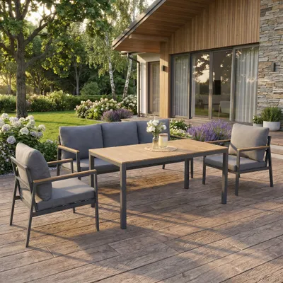 Produktbild von BEAUTYSOFA | WINSTON Gartenmöbel Set Dunkelgrau – Gartensitzgruppe mit Esstisch, 3-Sitzer Sofa und 2 Sesseln, Terrassenmöbel, Essgruppe für 5 Personen