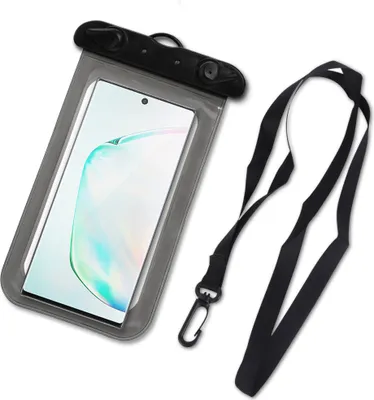 A waterproof phone pouch with a lanyard, shown against a white background.