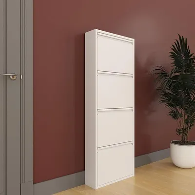 Produktbild von Schuhschrank Schmal – Platzsparender Metall-Schuhschrank mit Magnetklappen, Platz für 8-12 Paar Schuhe, Wandmontierbar und Vormontiert - 4 Klappen, Weiß
