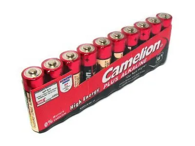 A pack of Camelion AA batteries arranged in a red cardboard holder.