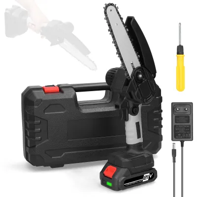 Produktbild von Mini Kettensäge, 6 Zoll 21V Elektro-Kettensäge mit 1x Batterie 1x Kette 1x Führungsplatte 1x Ladegerät und 1x Aufbewahrungsbox, Tragbare Handgeführte Akku Kettensäge
