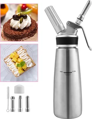Produktbild von Clanmacy Sahnespender Edelstahl Sahnebereiter 500ml Sahnesyphon mit 3 Edelstahl Deko-Düsen Rostfrei Schlagsahne Dispenser Für Desserts Gebäck Sahne, Soßen und mehr