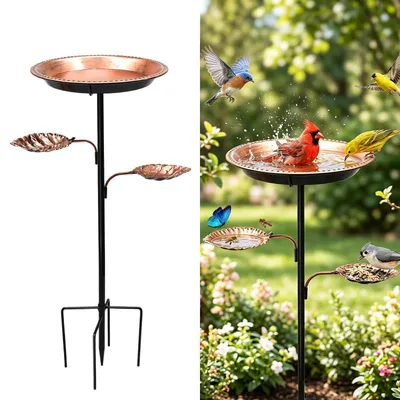 Obrázek produktu pro Krmítko a lázeň pro ptáky, kovové, 2 v 1, výška 92,5 cm, měď, odolné vůči povětrnostním vlivům