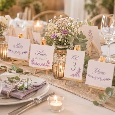 Mehrere Mini-Staffeleien aus Naturholz als stilvolle Tischdekoration mit Namenskarten und Blumenarrangement zur Hochzeit.