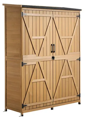Immagine prodotto di Armadietto da giardino in legno - Capanno per attrezzi per giardino e terrazza - Porte con serratura - Tetto inclinato impermeabile - Con ripiani e pavimento - 121x43x162,5 cm