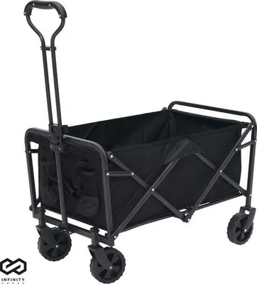 A black folding wagon with a handle and wheels, shown from a three-quarter angle.