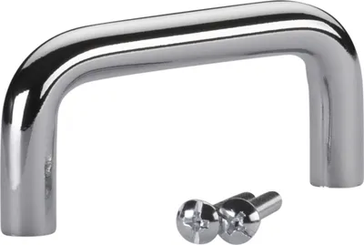A chrome-plated cabinet handle with two screws on a white background.