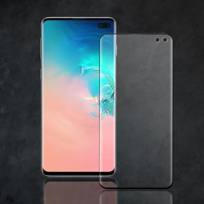 A smartphone and a screen protector are displayed on a dark, textured background.