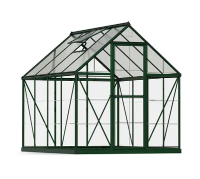 A product shot of a green aluminum greenhouse with clear glass panels, set against a white background.