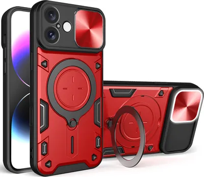 Produktbild von Handyhülle für iPhone 16 Plus Dual-Layer Stoßfest Rüstung Hülle mit Dia Kameraschutz und Kreisförmig Ring Ständer Rot
