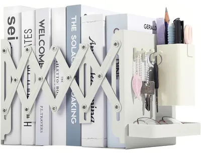 Image de Supports de livres extensibles jusqu'à 48 cm, de couleur blanche, antidérapants, avec tiroir et crochets, pour bureau