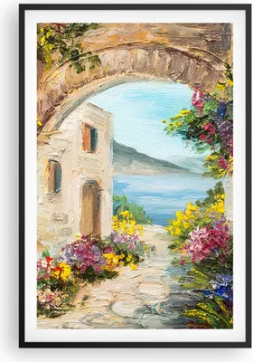 Produktbild von Gerahmtes Poster - Schwarzer Rahmen - Haus Santorini Blumen - 61x91,5 cm - Wand Bild - Wanddeko - Wandbilder - Kunstposter - Wandposter - Bilderrahmen - Bilder - Kunstdruck - Wandbild P2BPA61x91-4191