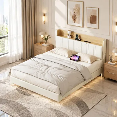 Produktbild von INONEFT Schwebebett 140 × 190 cm, Gepolstertes Bett mit Stauraum im Kopfteil und Lattenrost, Doppelbett mit USB und LED, PU, Weiß, ohne Matratze, KI-generiertes Bild