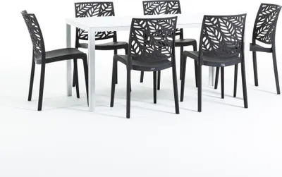 Image de Set de salle à manger d'extérieur avec table rectangulaire 156x78 cm et 6 chaises empilables en résine renforcée de fibres de verre - design moderne imitation bois, idéal pour le jardin, la terrasse et les espaces extérieurs couverts - THOMAS+DAFNE - Anthracite/blanc