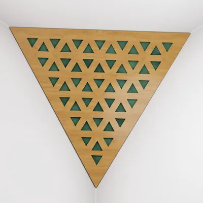 Obrázek produktu pro Balení po 2 kusech – basová past do rohů stropu „Triangle-F“ | Akustická pěna ve tvaru pyramidy s laminovanou deskou z HDF a potahem [TRI – dub | zelená]
