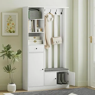 Image de Armoire haute de 180 cm avec étagère à vêtements, banc à chaussures et espace de rangement