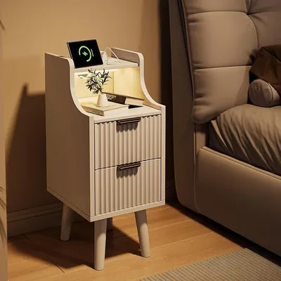 Produktbild von Nachttisch 2er Set, Nachtschrank mit Ladefunktion und LED-Licht, Nachtkommode mit 2 Schubladen, Nachtkästchen für Schlafzimmer, Weiß, 30 × 25 × 60 cm