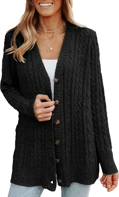 Produktbild von ASKSA Damen Strickjacke Langarm Grobstrick Cardigan Open Front Sweater Casual Strickcardigan Pullover, Schwarz, L
