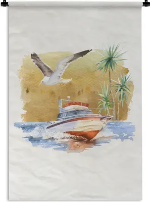Produktbild von MuchoWow® Wandteppich Wandbehang Boot - Palme - Vogel 60x90 cm Tapisserie Dekoration Wandtuch - Foto-Teppich - Abwaschbar