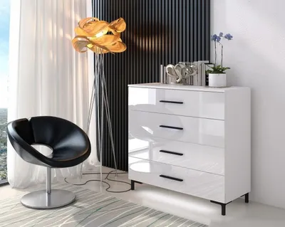 Produktbild von Kommode LINA schwarze Griffe und Beine mit LED Weiß / Weiß hochglanz