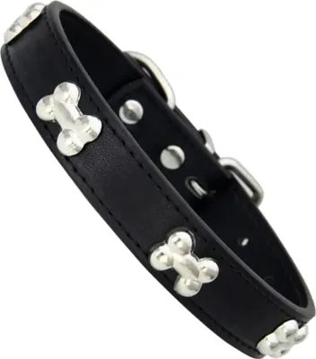 Produktbild von Süßes schwarzes Hundehalsband aus Leder mit Knochen verstellbar