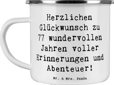 Produktbild von Mr. & Mrs. Panda Kaffeepott Spruch 77. Geburtstag - Weiß - Geschenk, Emaille Tasse, blechbecher, Pott, emaillebecher, Teetasse, Erinnerungen, Lebensfreude, Jubiläum