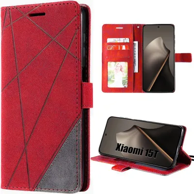 Image de Coque pour Xiaomi 15T, Protection Cuir Synthétique Anti-Rayures Rouge Gris