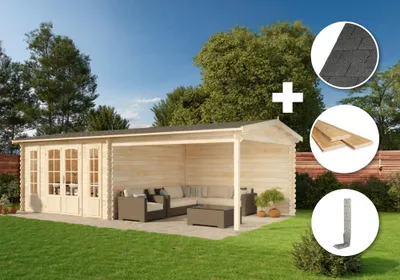 Produktbild von Alpholz Gartenhaus Set Freiburg 756x400cm Natur mit Boden & Dacheind.