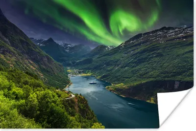 Produktbild von MuchoWow® Poster Nordlichter - Berg - Boot - Norwegen 120x80 cm - Bilder