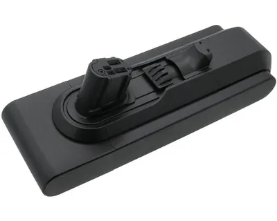 A black vacuum cleaner battery pack is shown on a white background.