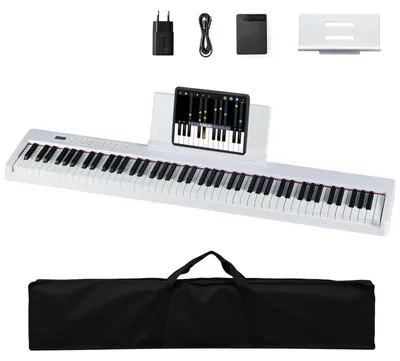 Produktbild von KOMFOTTEU Digitalpiano mit 88 Tasten, Klaviertastatur mit 380 Sounds, 128 Rhythmen, 88 Demos, MIDI, Sustain-Pedal, Tragbares elektrisches Piano mit Musikständer, Tragetasche (Weiß)