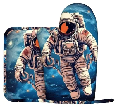 Produktbild von Ofenhandschuhe und Topflappen, hitzebeständig, rutschfest, Astronautenmuster, 2 Stück