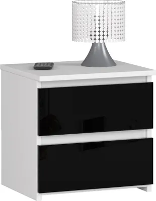 Produktbild von Nachttisch – Beistelltisch – Nachtschrank – 2 Schubladen – Weiß / Schwarz Hochglanz – 40 x 40 x 35 cm – Praktischer Nachttisch mit 2 Schubladen
