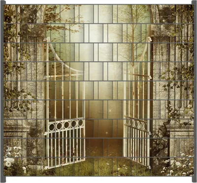 Produktbild von Wallario Zaunsichtschutz mit Motiv Tor in den Wald für Ein- und Doppelstabmatten Zäune in der Größe 200 x 180 cm