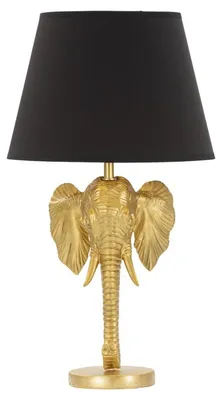 Produktbild von Tischleuchte Elefant aus goldenem Kunstharz mit schwarzem Stoffschirm