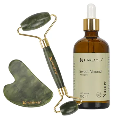 Produktbild von HABYS Gesichts-Massage-Set mit Jadeit | Gua-Sha-Stein, Jade-Roller und 100 ml natürlichem Mandelöl | für Gesichtspflege, Massage & Wellness zu Hause
