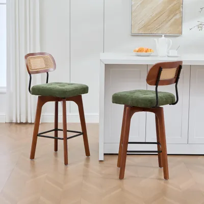 Obrázek produktu pro MODFU, sada 2 barových židlí, 360° otočné, s ratanovou opěradlem, otočné židle s polstrovaným sedákem z chenille, barové a jídelní židle s podnožkou, zelené