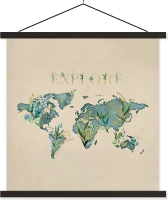 Produktbild von MuchoWow® Textilposter Weltkarte - Retro - Zitat 90x90 cm mit schwarzem Rahmen - Magnetisches