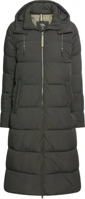 A full-body studio shot of a long, dark green puffer coat with a hood, displayed on a white background.