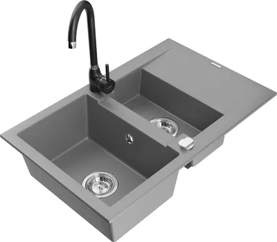 Produktbild von Mexen Gaspar 1,5-Becken-Granitspüle mit Abtropffläche und Mischbatterie Telma, Grau - 6507-71-670200-70