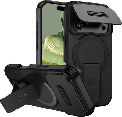Obrázek produktu pro Magnetické pouzdro pro iPhone 17 Pro, dvouvrstvé odolné pouzdro s posuvnou ochranou fotoaparátu a nastavitelným stojánkem Černá