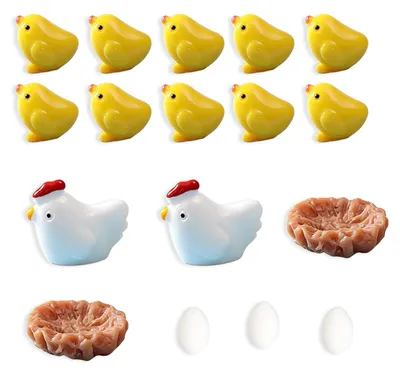 17-tlg. Miniatur-Ornament-Set, Tierfiguren aus Harz, Küken, Eier, Hühner