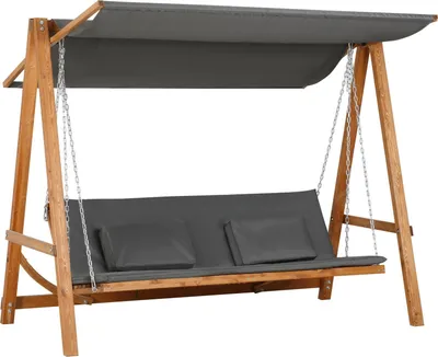 Productafbeelding van Hollywoodschommel met bedfunctie, 3-zits, tuinschommel met dak, van grenenhout, grijs en teakhout, 225,5X113X180Cm