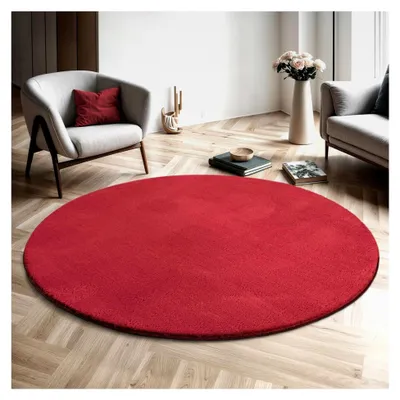 Produktbild von Moderner Flauschiger Kurzflor Teppich, Rutschfeste Unterseite, Waschbar bis 30 Grad, Sehr weich, Felloptik, Rot, 120 x 120 cm Rund