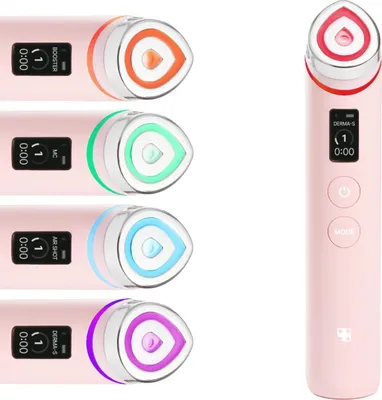 A pink skincare device with multiple interchangeable heads, each with a different colored light ring and display screen.