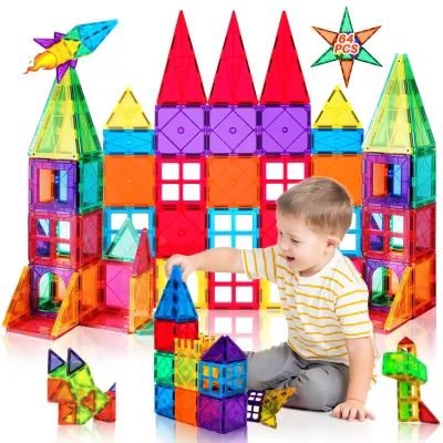 Produktbild von Magnetische Bausteine 64 Teile Magnetspielzeug Magnete Bauklötze Baukasten Kinder Magnetbausteine Perfekt für den Einsatz zu Hause, in Schulen, fürJungen und Mädchen 3 4 5 6 7 8 Jahre alt