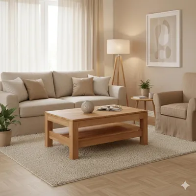 A cozy living room scene with a couch, coffee table, and armchair.