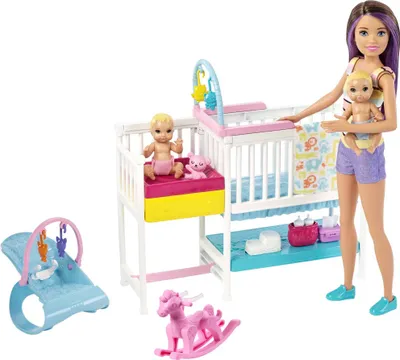 Produktbild von Barbie Skipper Babysitter Puppe (brünett), Kinderzimmer-Spielset mit Baby-Puppen